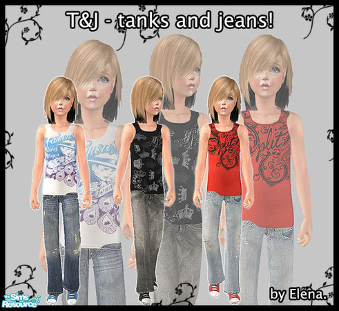 Sims 2 — T&J by Elena. — 3 tank and jeans outfits. No mesh and no ep required. Enjoy!