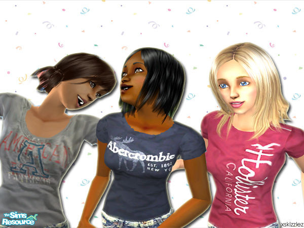 Sims 2 — 3 Basic Logo Tees by xskizzlez — Three tshirts: a red Hollister tee, a blue Abercrombie & Fitch tee, and a