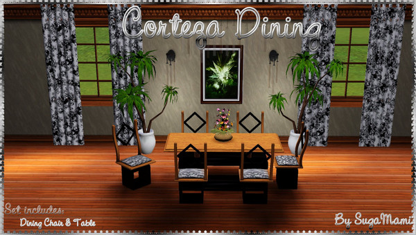 Sims 3 — Corteza Dining by sugamami — Set includes a dining table and a dining chair (both recolorable). Hope you like