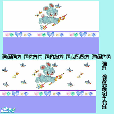 Sims 2 — baby boys blue bunny wall set by skinflin — blue wall with bunny butterflies blue birds.abc border