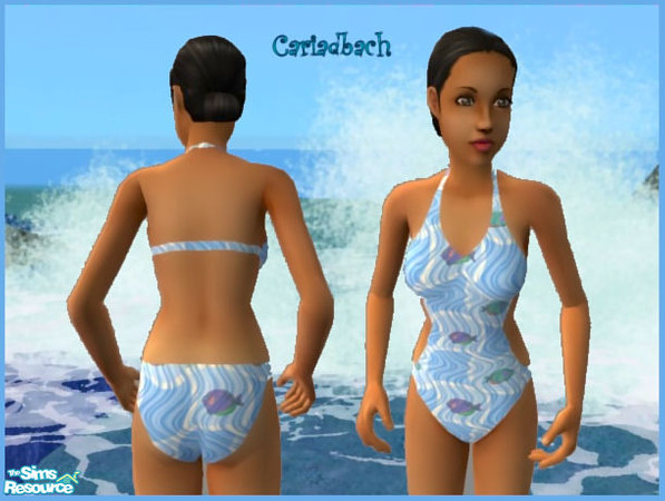 Sims 2 — Seaside Fun- Blue Fish by cariadbach —  A set of three swim suits for the serious teen swimmer