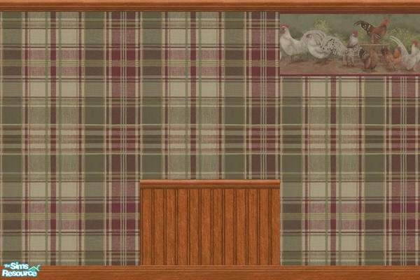 Sims 2 — Rodney the Rooster by tamlfra — Cute, country plaid with a wide rooster border. Simple set of 3 walls.