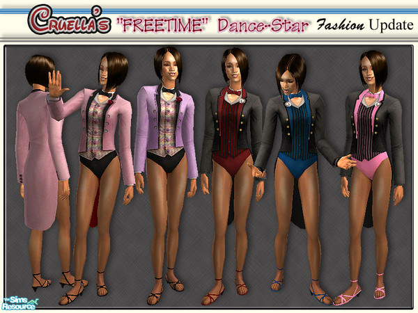 Sims 2 — am_DanceStar by Cruella — \"FREETIME\" dancing costume. New re-colors. Pink/black, violet/black,