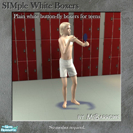 Sims 2 — SIMple White Boxers - Teen by MsBarrows — Plain white button-fly boxers for teens. No mesh required.