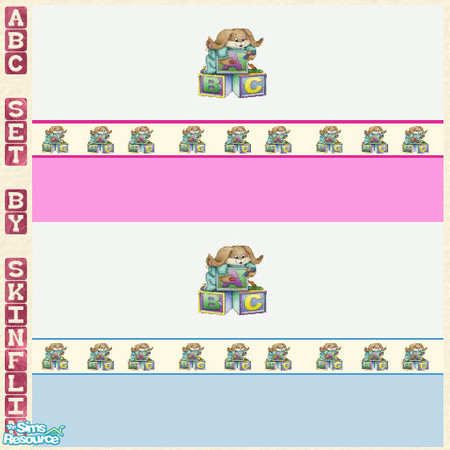 Sims 2 — abc set by skinflin — soft pastel pink and blue wall with abc border and mofit.