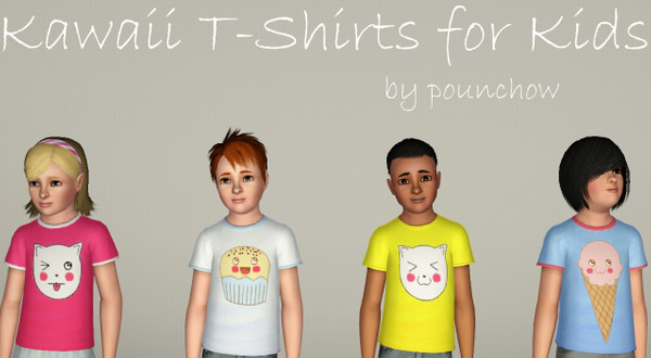 Sims 3 — Kawaii T-Shirts for kids (unisex) by pounchow — 4 cute T-Shirts for your little sims, with 2 recolorable parts.