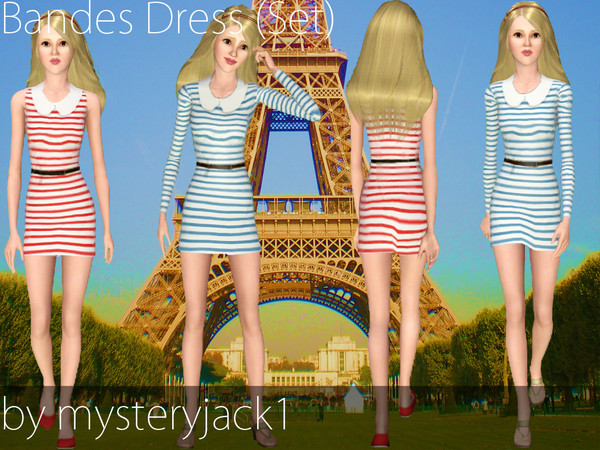 Sims 3 — Bandes Dress Set by mysteryjack1 — Bandes - French for stripes. This set of retro dresses includes one dress