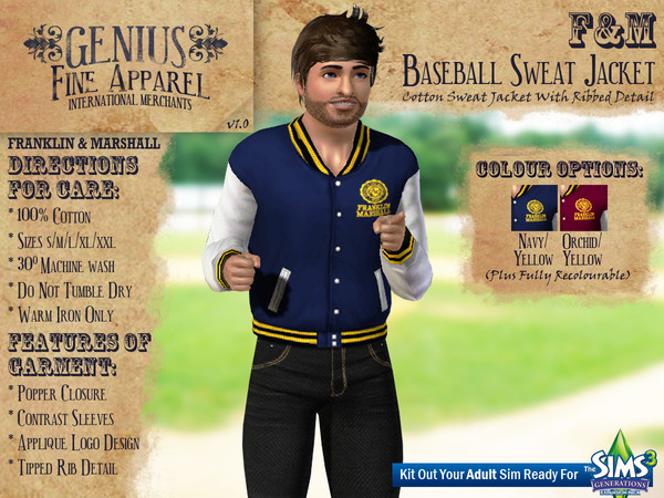 Sims 3 — Franklin And Marshall Baseball Sweat Jacket [by genius] by tomf60 — v1.0 Welcome to the world of GENIUS;
