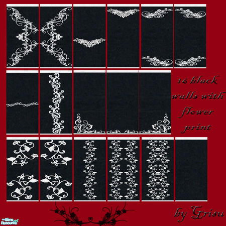 Sims 2 — Black and White Set by Grisu — Set consists of 17 different walls, all have a black wallpaper tinted with grey,