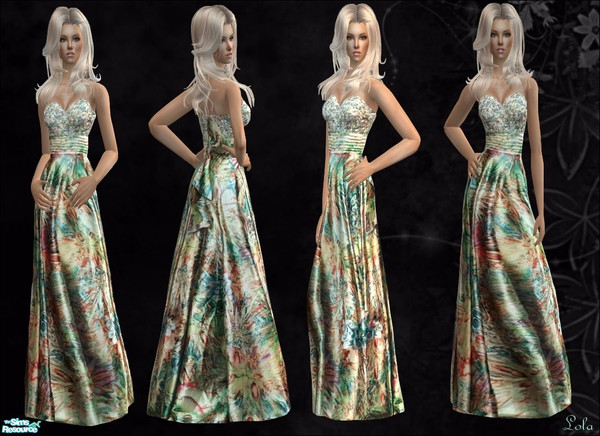 Sims 2 — Allure Silk Print Gown by LolaG123 — a silk print gown with a beaded bodice and a colorful print