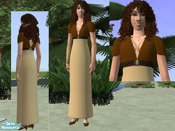 Sims 2 — Brown and Cream Long Dress by LadyDeluxe — A brown and cream dress adorned with a clasp on the bodice. Very