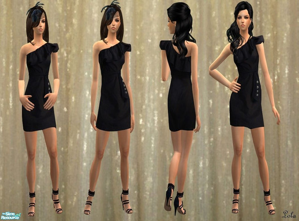 Sims 2 — One Shoulder Ruffle Dress by LolaG123 — One shoulder dress in navy with with embellished belt *Hat in picture