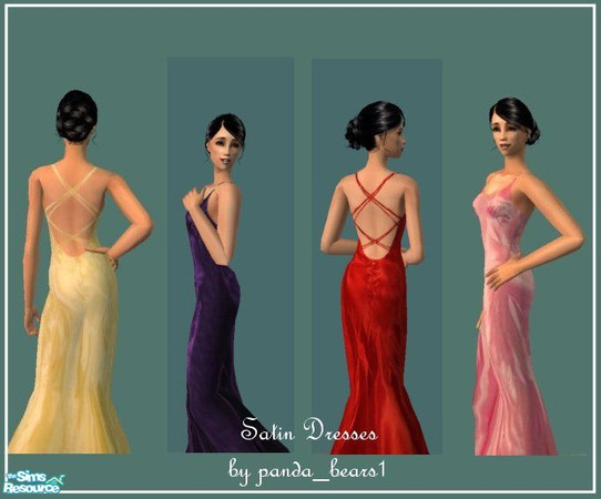 Sims 2 — Satin Dresses by panda_bears1 — Set of four luxurious satin dresses in red, yellow, purple and pink. Don\'t