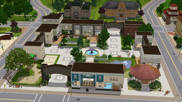 Sims 3 — Main Street Village by ltoole — Includes pub w/ upstairs poker lounge, convenience store, ice cream shop, bistro