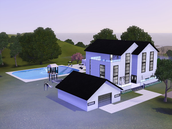 Sims 3 — Black and White by amberlyn88 — 3 stories, 6 bedrooms, 4 bathrooms, large pool area with hot tub, living area on