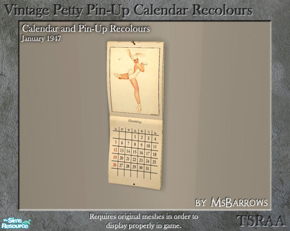 Sims 2 — Vintage Calendar - Petty Pin-up 1947-01 by MsBarrows — An image recolour for portrait-sized photo frames, of the