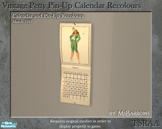 Sims 2 — Vintage Calendar - Petty Pin-up 1947-03 by MsBarrows — An image recolour for portrait-sized photo frames, of the