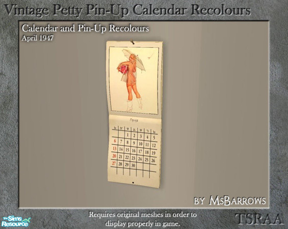 Sims 2 — Vintage Calendar - Recolour 1947-04 by MsBarrows — An aged-looking recolour for my calendar shaped photo frame