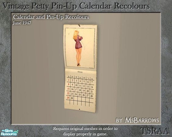 Sims 2 — Vintage Calendar - Recolour 1947-06 by MsBarrows — An aged-looking recolour for my calendar shaped photo frame