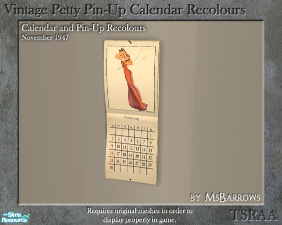 Sims 2 — Vintage Calendar - Recolour 1947-11 by MsBarrows — An aged-looking recolour for my calendar shaped photo frame