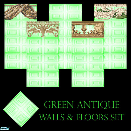 Sims 2 — Green Antique Walls & Floors Set by Sheera — This set includes 6 items : 5 walls and their one matching