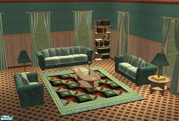 Sims 2 — Verde Living Room by Riverwillows — Lovely green recolor of Mutske\'s Paula Living Room, by Riverwillows.
