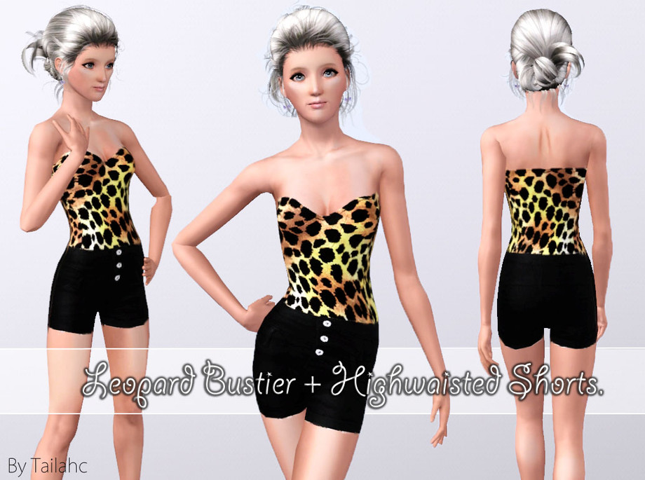 The Sims Resource - Leopard Bustier + High Waisted Shorts.