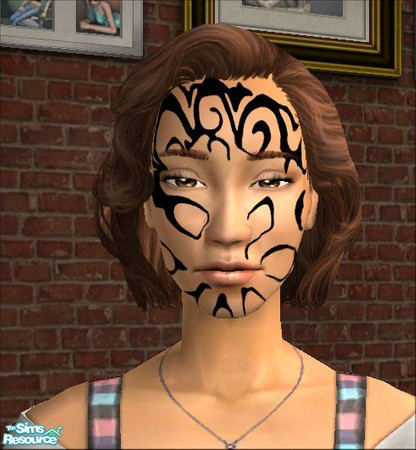 Sims 2 — Tribal face tattoos - 11 by scatterjoy — One of the Castaway Stories native face tattoos recolored to black.