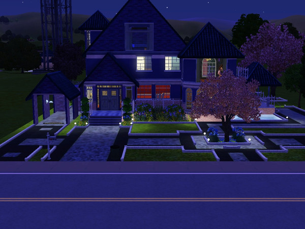 Sims 3 — Blue Belle by blurred2 — Manicured lawns, landscaping beds and a fountain hightlight the exterior. Inside the