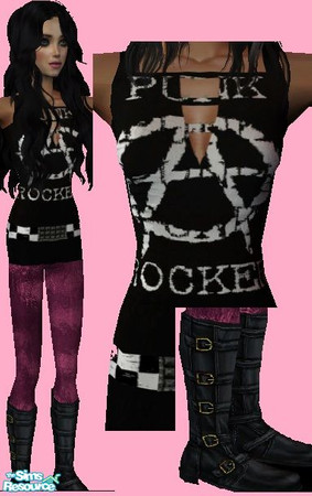 Sims 2 — Punk Rocker by staceylynmay2 — Black \"punk rocker\" long top, checkered belt with buckle, purple