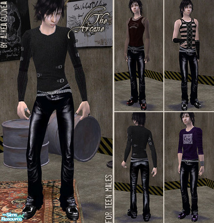 Sims 2 — The Arcane - Gothic Outfits for Teen Males by aikea_guinea — Set of four gothic outfits with leather pants for