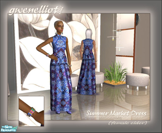 Sims 2 — Summer Market Dress by gwenelliot — Smart and sophisticated batik market dress in vibrant blues and purples. 