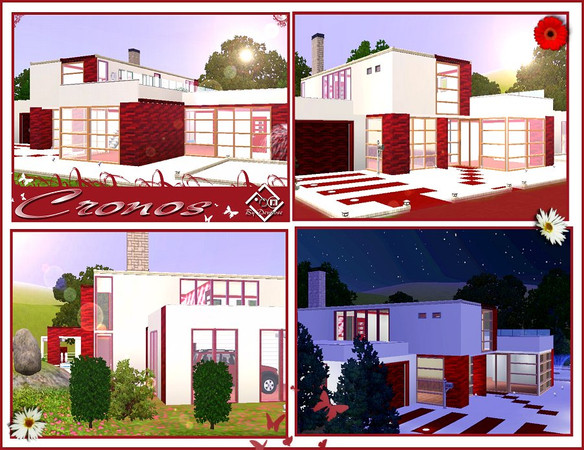 Sims 3 — Cronos by Devirose — A villa in shades of white and red, with swimming pool, garage, lounge area, several rooms