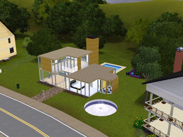 Sims 3 — Modern home by bellababe332 — 2 bedrooms. 1 bath. 2 floors. Pool. unique seating area and statue. Pond.