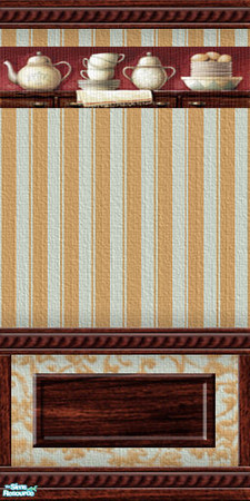 Sims 2 — Table for Two - wallpaper 04 by perelinka — Pale blue - ochre striped elegant wallpaper with wood panel and