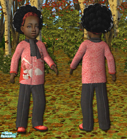 Sims 2 — Toddler Girl Outerwear - Red Cardigea by Simaddict99 — Knitted cardigan with winter scene applique. Teamed with