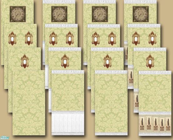 Sims 2 — Green Curls French Walls by foxysensei — French inspired wallpapers, plain, skirted and with decor such as