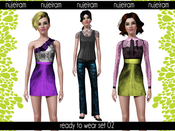 Sims 3 — Nujeiram Ready To Wear Set 02 by nujeiram — Leather themed dresses and lace trousers.