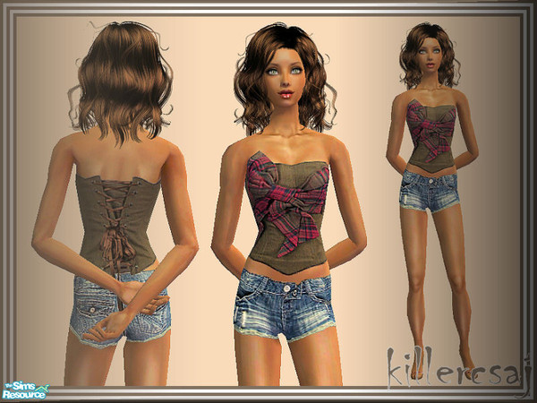 Sims 2 — Red & brown corset top with denim short by killercsaj — by killercsaj