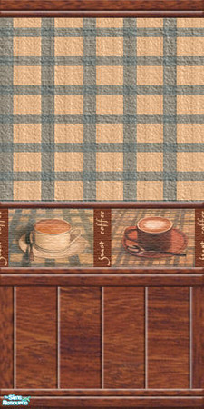 Sims 2 — Just Coffee - wallpaper 04 by perelinka — Checked wallpaper with coffee motif (centre) and wooden panel.