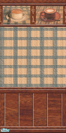 Sims 2 — Just Coffee - wallpaper 01 by perelinka — Checked wallpaper with coffee motif (top) and wooden panel.