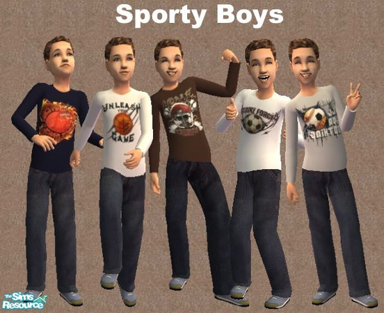 Sims 2 — Sporty Boys by frogger1617 — 5 Sports tshirts and Jeans for your little boys. Base Game Recolors.