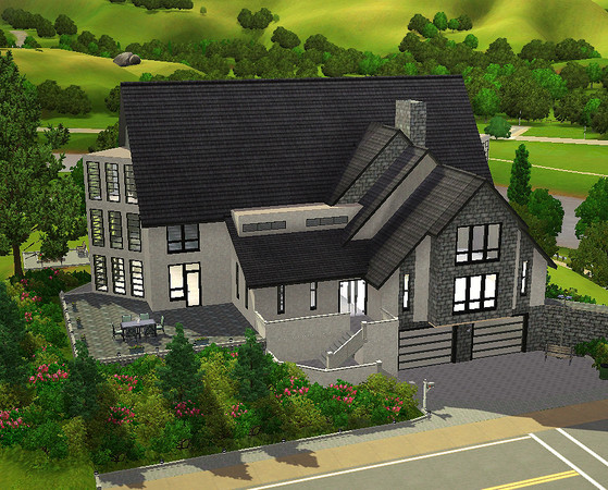 Sims 3 — Green Hill by Rirann — 4 stories house with a pool and a garage for two cars