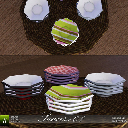 Sims 3 — Saucers 01 by katelys — New deco object. Low polycount, 3 color palettes.