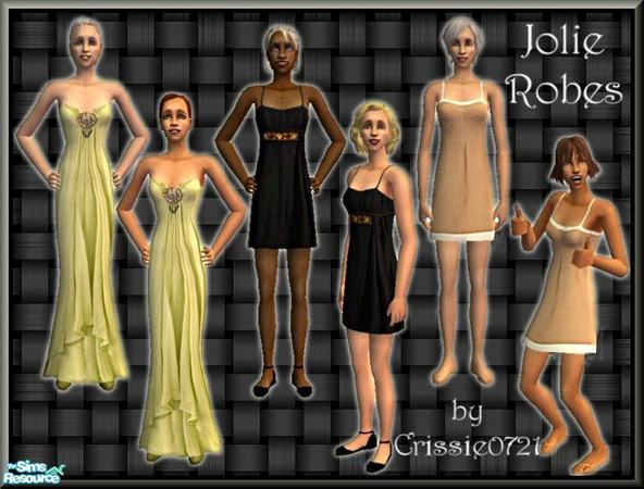 Sims 2 — Jolie Robes by Crissie0721 — Set of three dresses for Elders, Adults, and Young Adults ranging from casual to