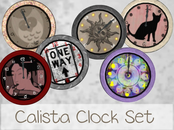 Sims 3 — Calista Clock Set by SugoiZiua2 — This set contains six varied clocks: a cat clock, a cute owl clock, a sun