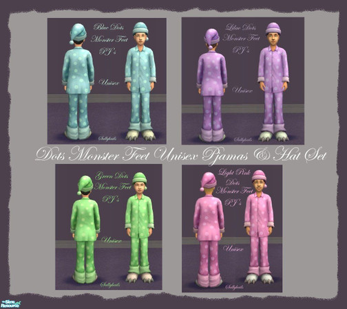 Sims 2 — Dots Monster Feet Pyjamas & Hat Set. by sallyhails — My second set of recolours of Maxis Cubbie Paws PJ\'s