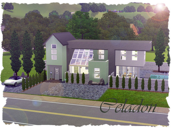 Sims 3 — Celadon by elena99e2 — A modern home with a retro feel. First Floor: Kitchen, dining room, living room,