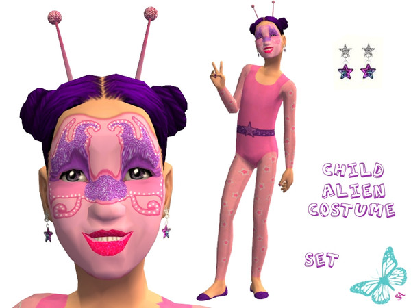 Sims 2 — Child Alien Costume by sinful_aussie — Girls alien costume! Pretty pink stars and shiny earrings and antenna!