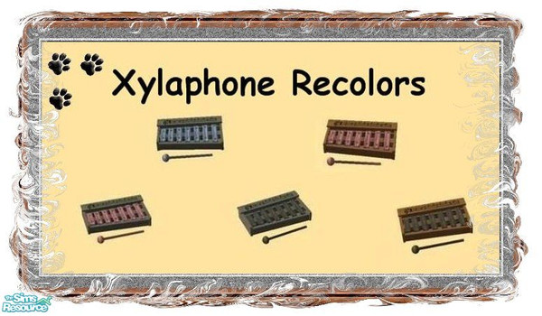 Sims 2 — Xylaphone Recolors by MinnieMinPin — 5 Files ~ Black and Brown Wood Grain Textures with Pink and Blue accents.
